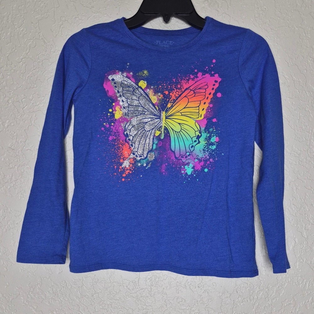 Childrens Place Girls Blue LSleeve Rainbow Glitter Butterfly Graphic Tee Large
